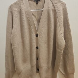 Universal Standard Button Up V Neck Cardigan Beige Tan Taupe Sz S